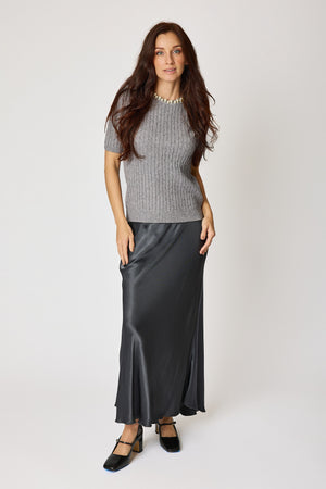 Multi Pearl Neckline Cashmere Mix Sweater Short Sleeve (2 Colors)