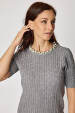 Multi Pearl Neckline Cashmere Mix Sweater Short Sleeve (2 Colors)
