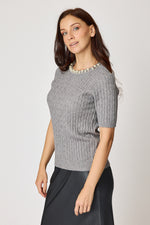 Multi Pearl Neckline Cashmere Mix Sweater Short Sleeve (2 Colors)