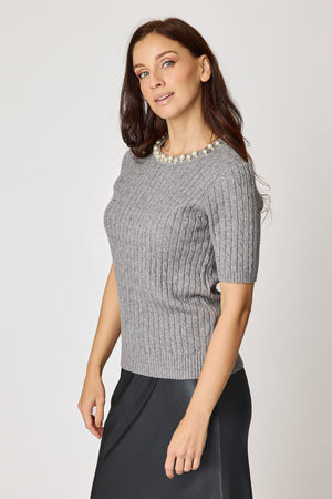 Multi Pearl Neckline Cashmere Mix Sweater Short Sleeve (2 Colors)
