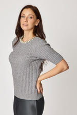 Multi Pearl Neckline Cashmere Mix Sweater Short Sleeve (2 Colors)