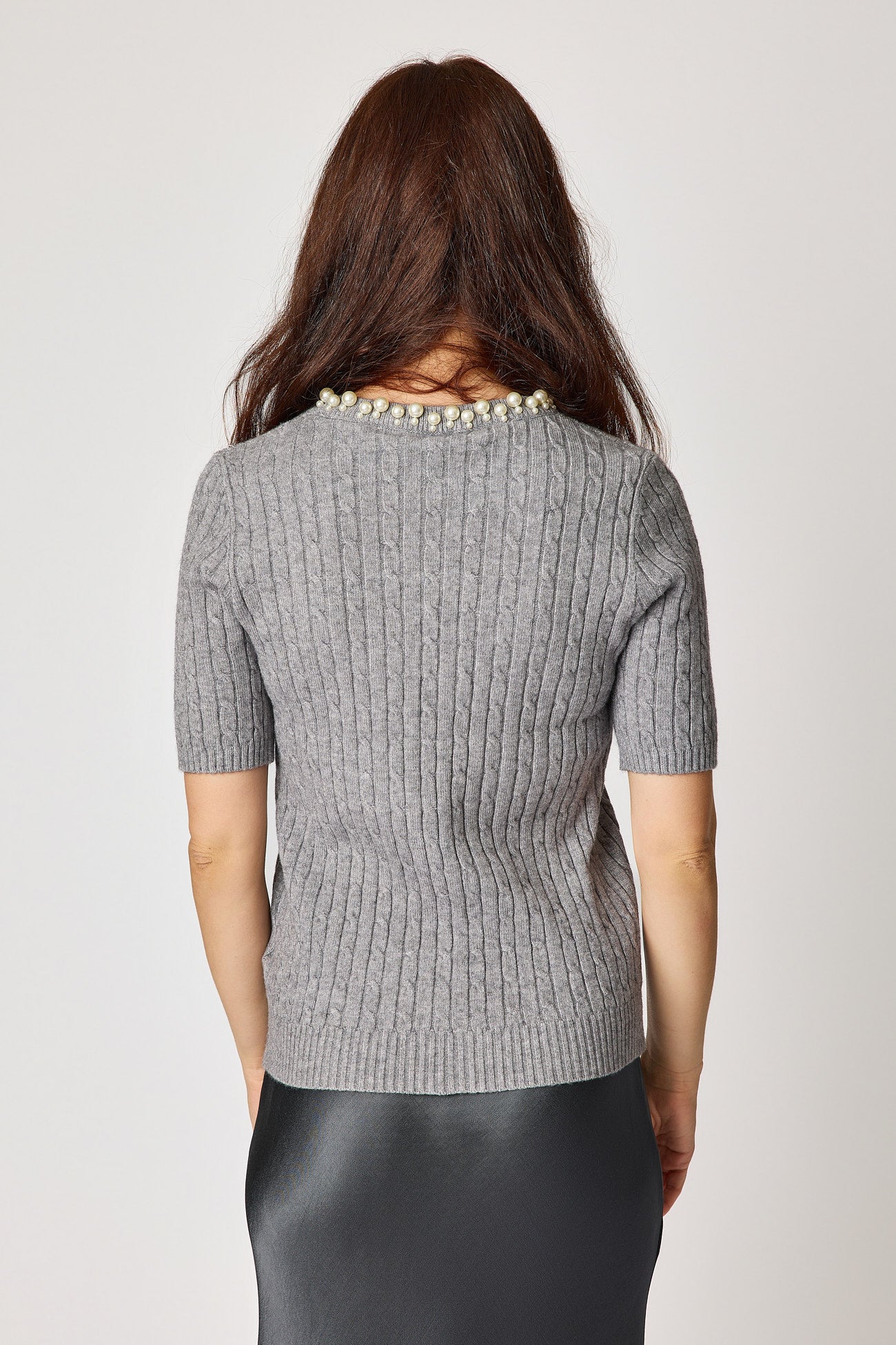 Multi Pearl Neckline Cashmere Mix Sweater Short Sleeve (2 Colors)