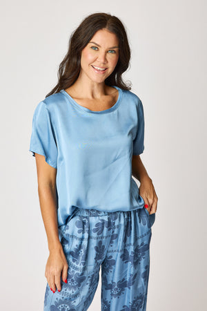 Crew Neck Satin Short Sleeve Blouse (6 Colors)