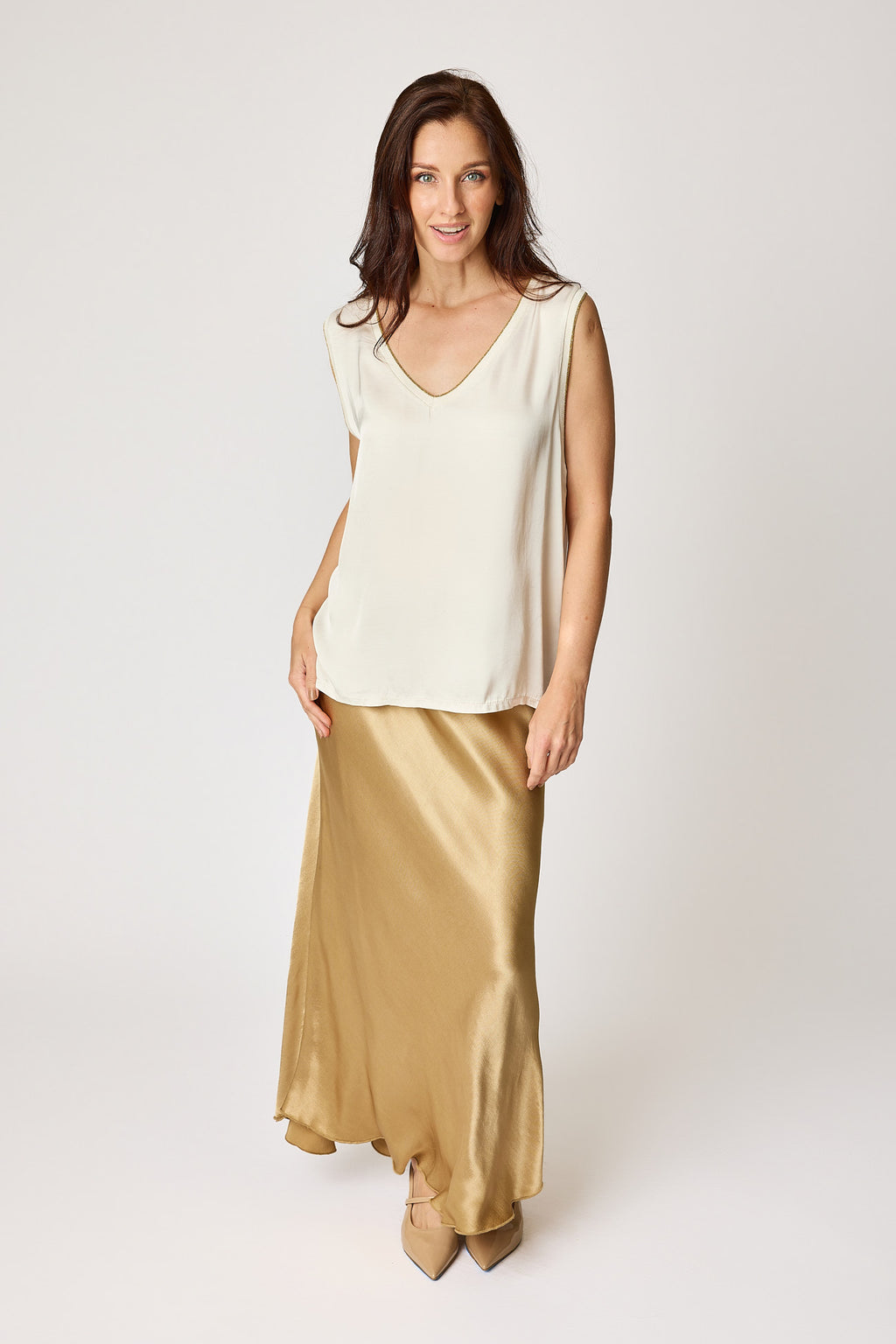 V-Neck Satin Gold Trim Tank