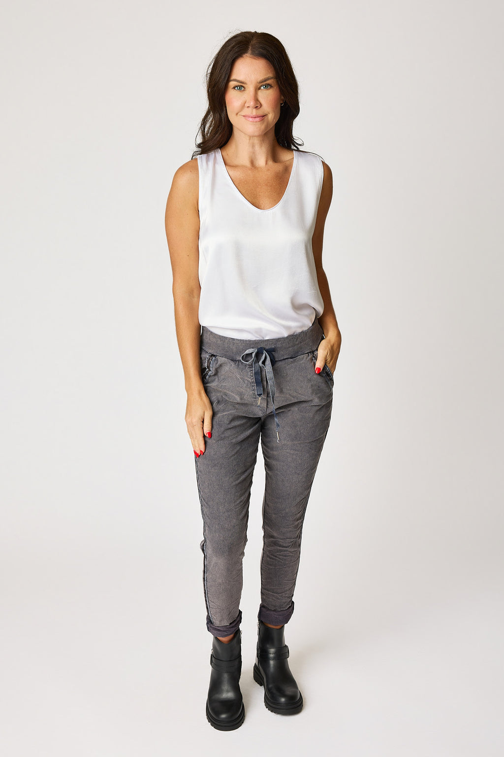 Italian Stretch Satin Trim Vintage Wash Pant (3 Colors)