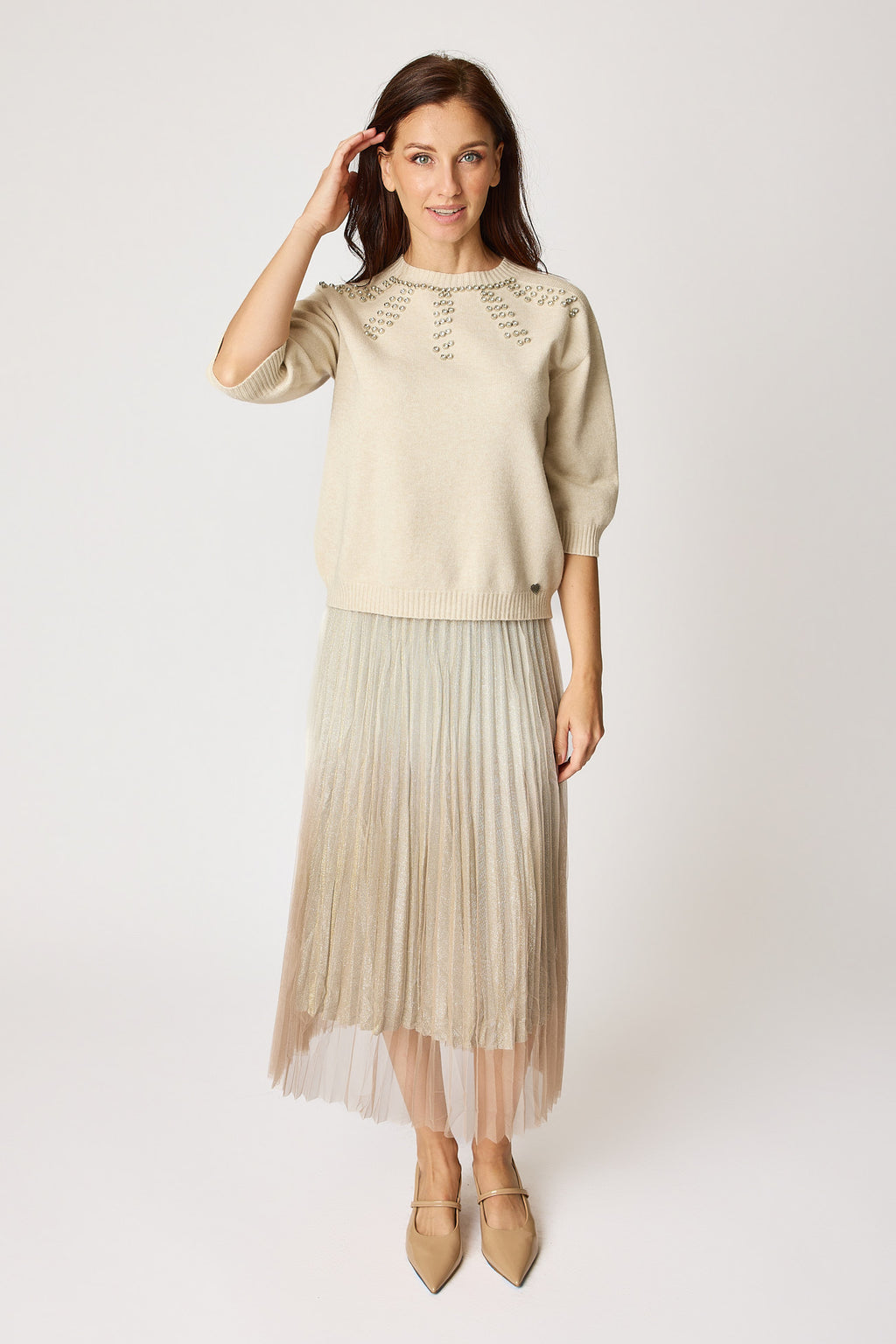 Sweater with Rhinestone Neckline and 3/4 sleeves (3 Colors)