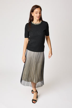 Multi Pearl Neckline Cashmere Mix Sweater Short Sleeve (2 Colors)