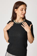 Multi Pearl Neckline Cashmere Mix Sweater Short Sleeve (2 Colors)