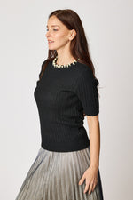 Multi Pearl Neckline Cashmere Mix Sweater Short Sleeve (2 Colors)