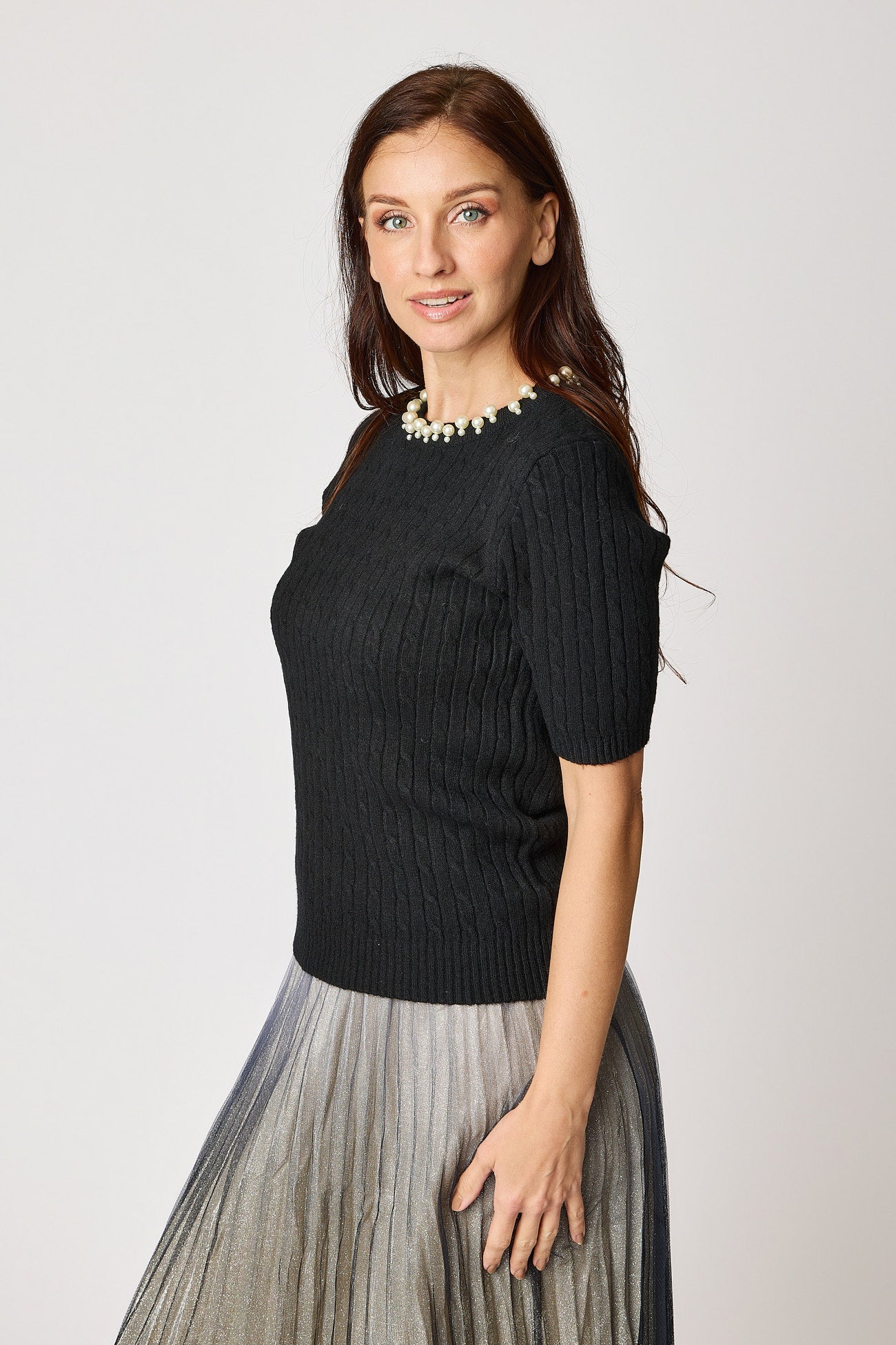 Multi Pearl Neckline Cashmere Mix Sweater Short Sleeve (2 Colors)