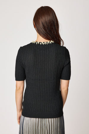 Multi Pearl Neckline Cashmere Mix Sweater Short Sleeve (2 Colors)