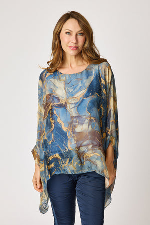 Italian Silk Blue Marbled Pattern Flowing Top