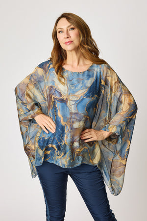 Italian Silk Blue Marbled Pattern Flowing Top