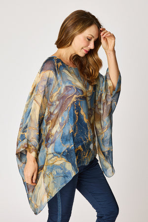 Italian Silk Blue Marbled Pattern Flowing Top