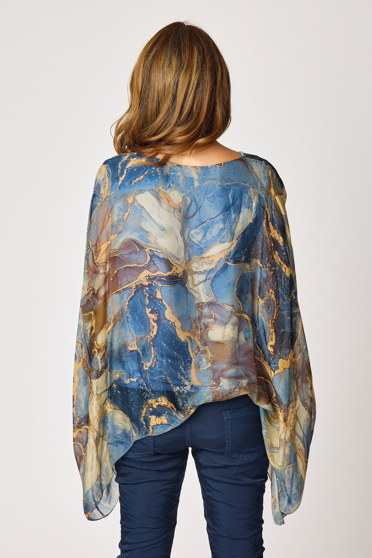 Italian Silk Blue Marbled Pattern Flowing Top