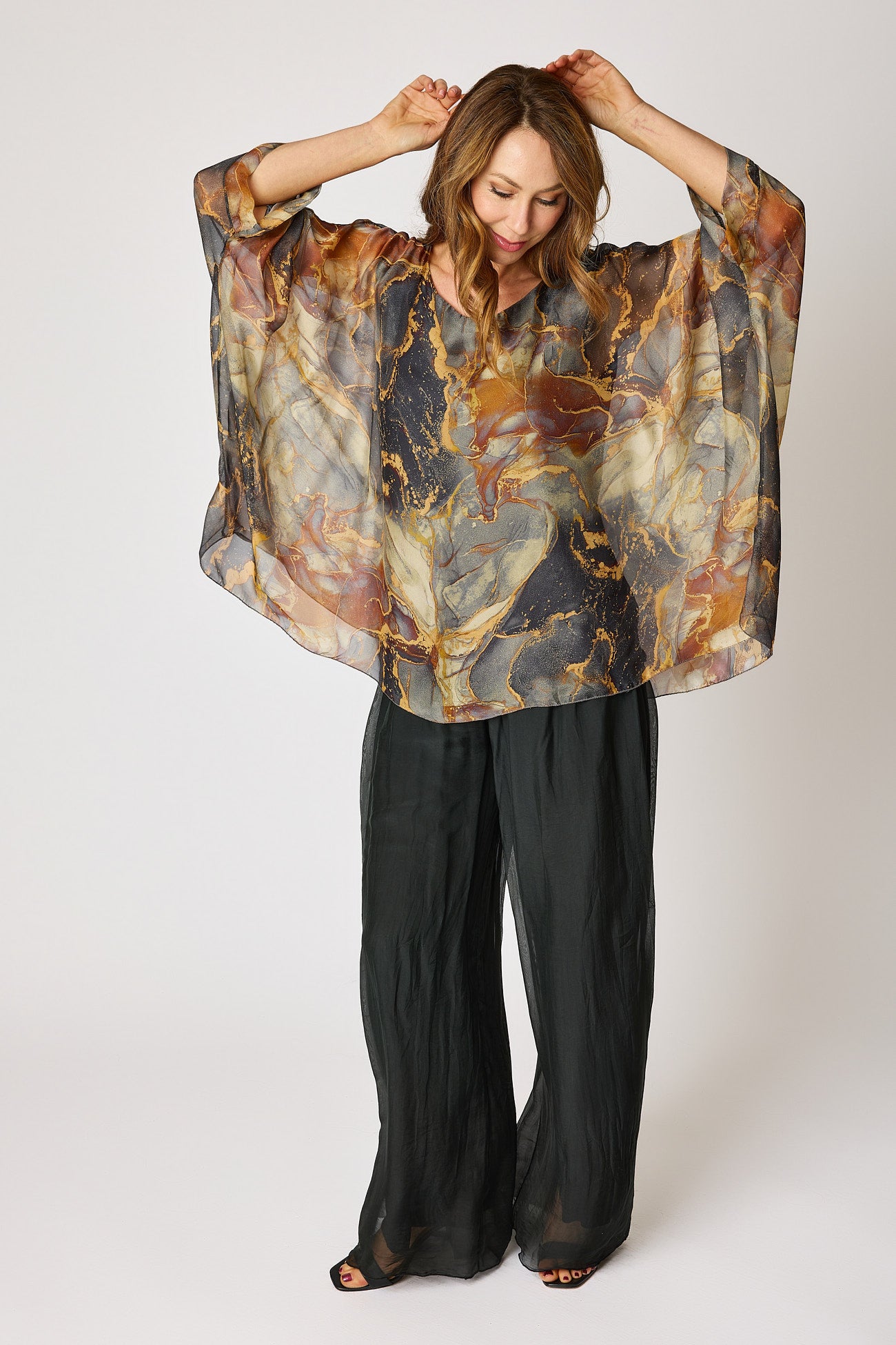 Italian Silk Charcoal Marbled Patterned Flowing Top