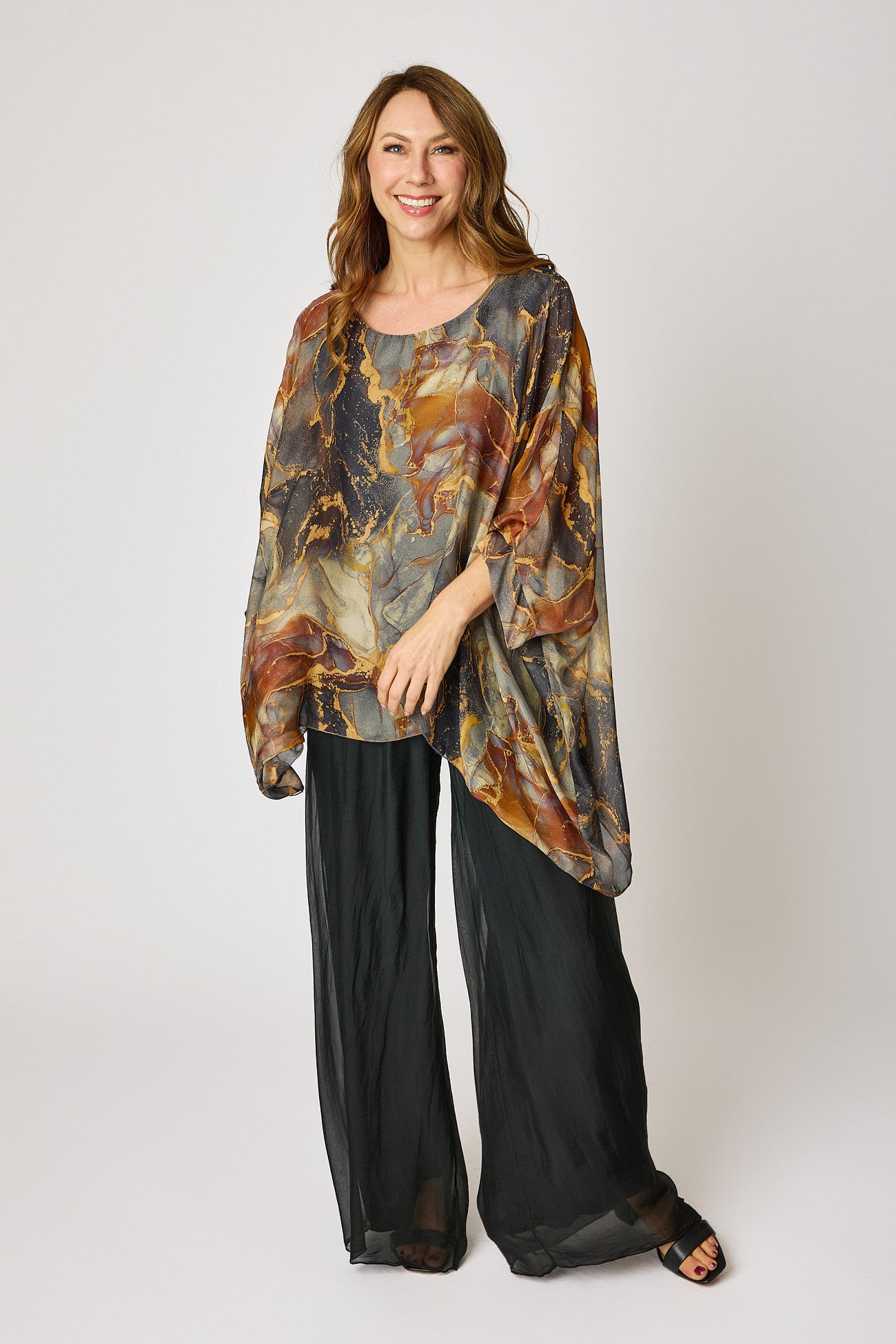 Italian Silk Charcoal Marbled Patterned Flowing Top