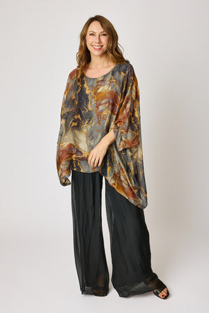 Italian Silk Charcoal Marbled Patterned Flowing Top
