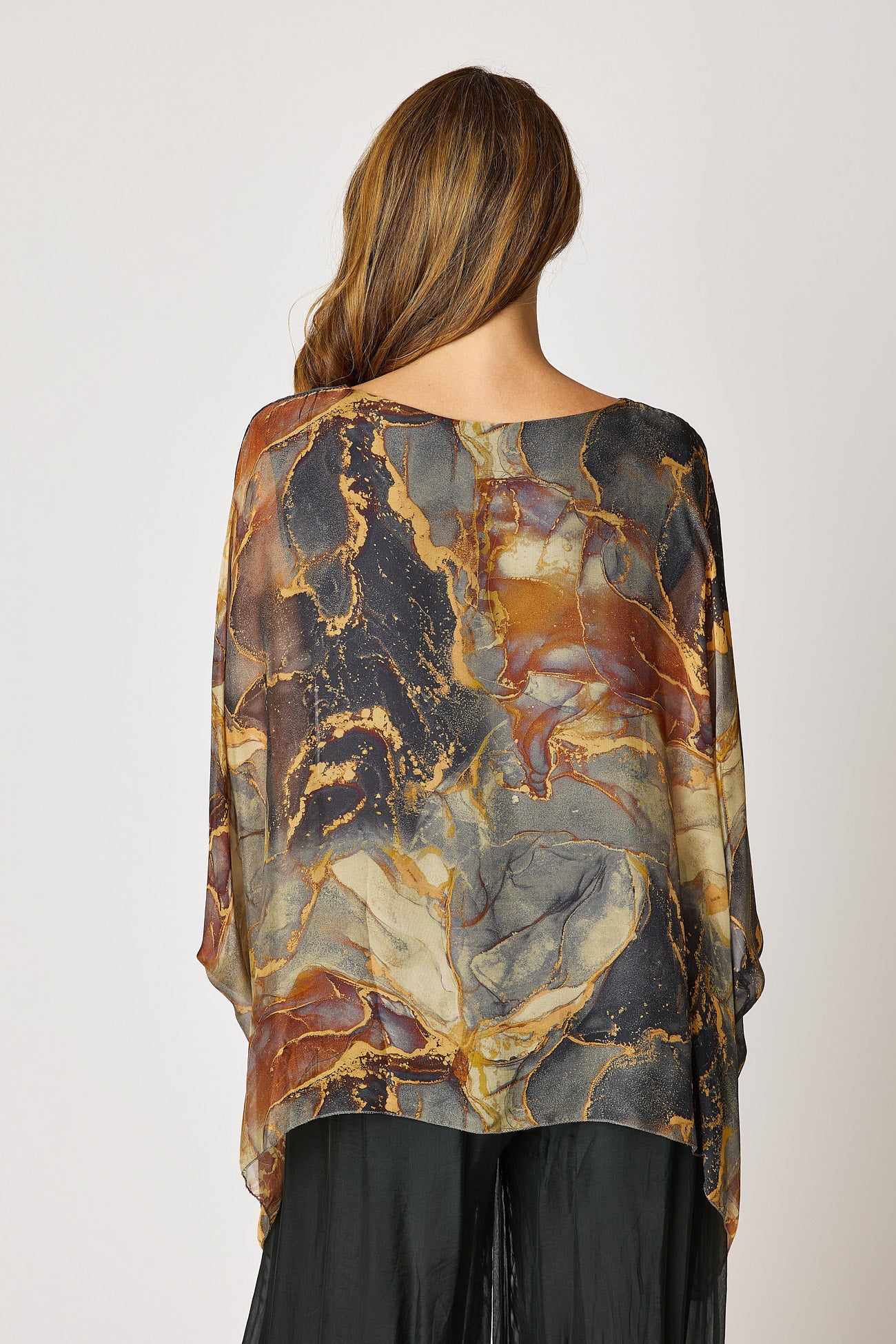 Italian Silk Charcoal Marbled Patterned Flowing Top