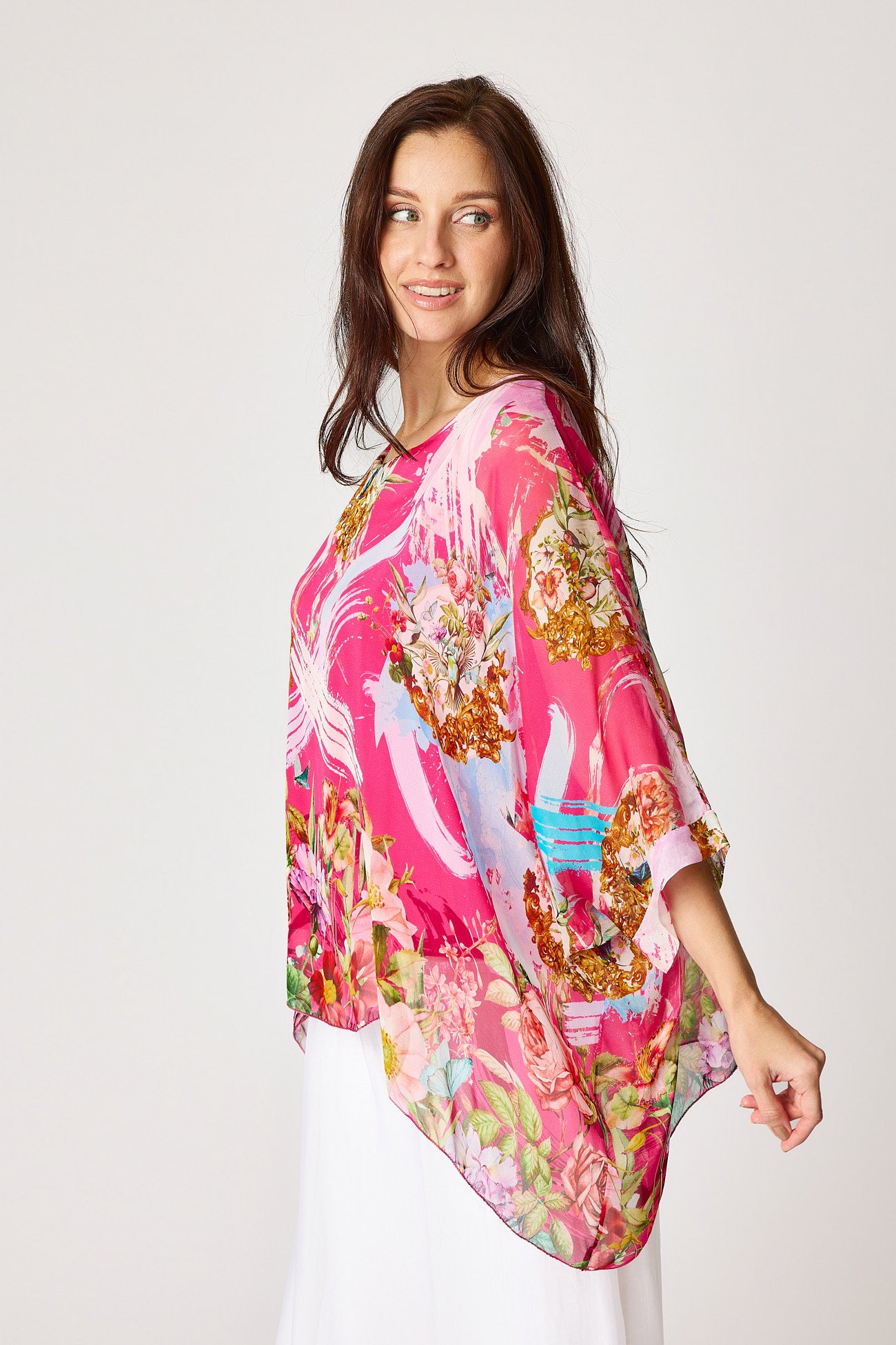 Italian Silk Pink Painted Floral Flowing Top