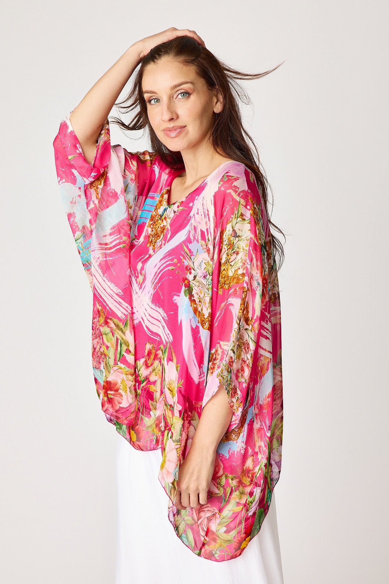 Italian Silk Pink Painted Floral Flowing Top