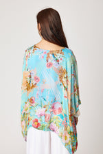 Italian Silk Turquoise Painted Floral Flowing Top