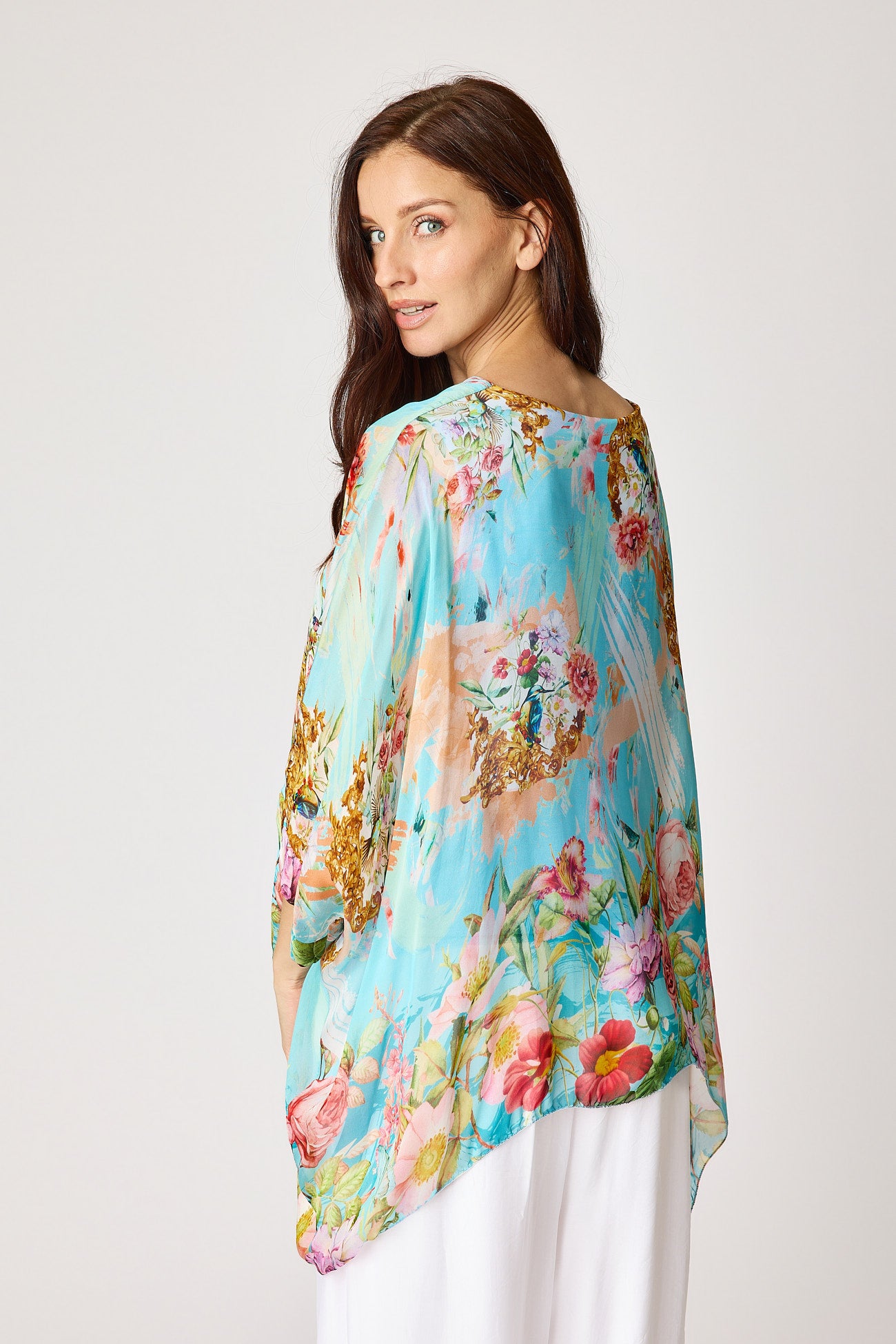 Italian Silk Turquoise Painted Floral Flowing Top