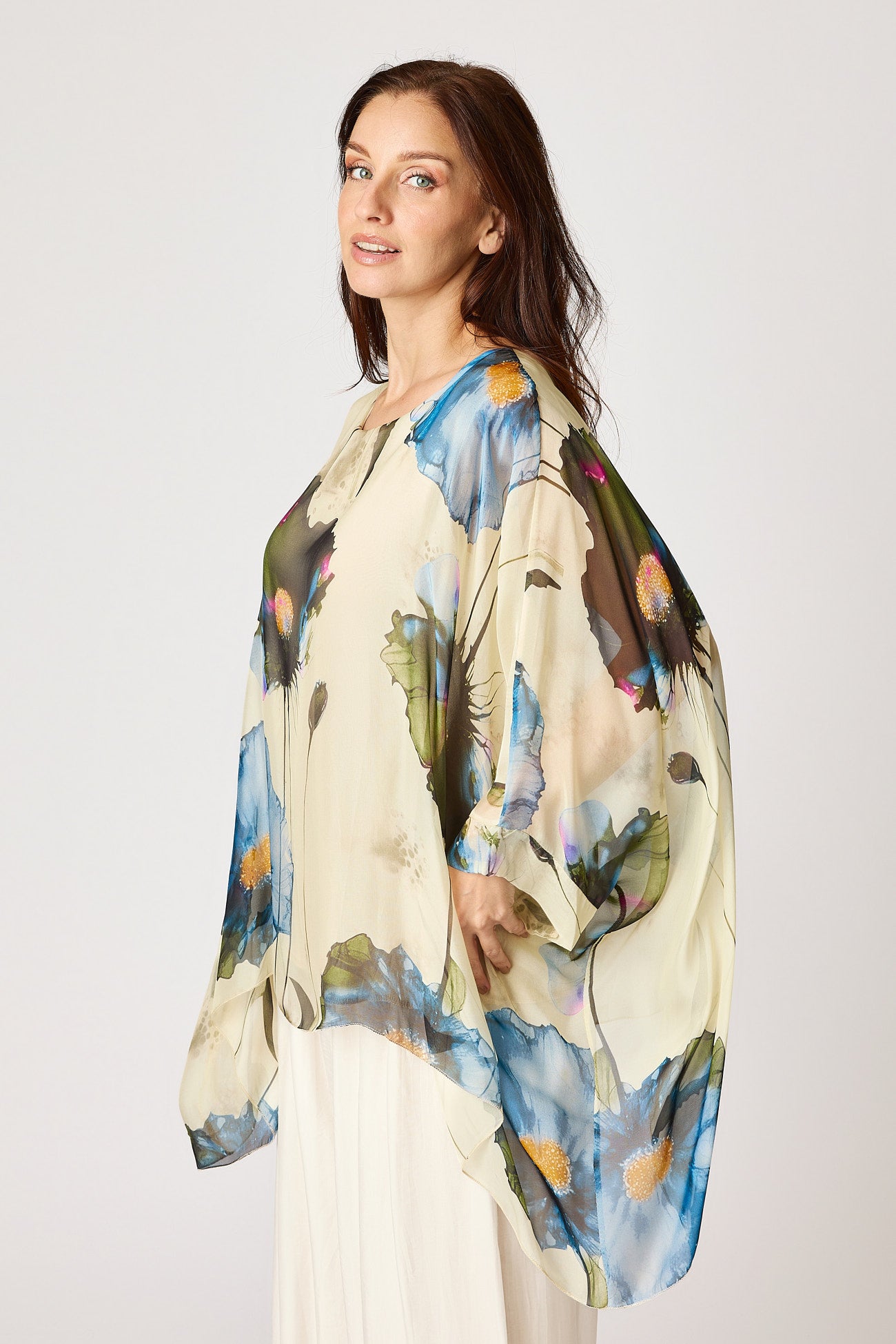 Italian Silk Blue Floral Pattern Flowing Top