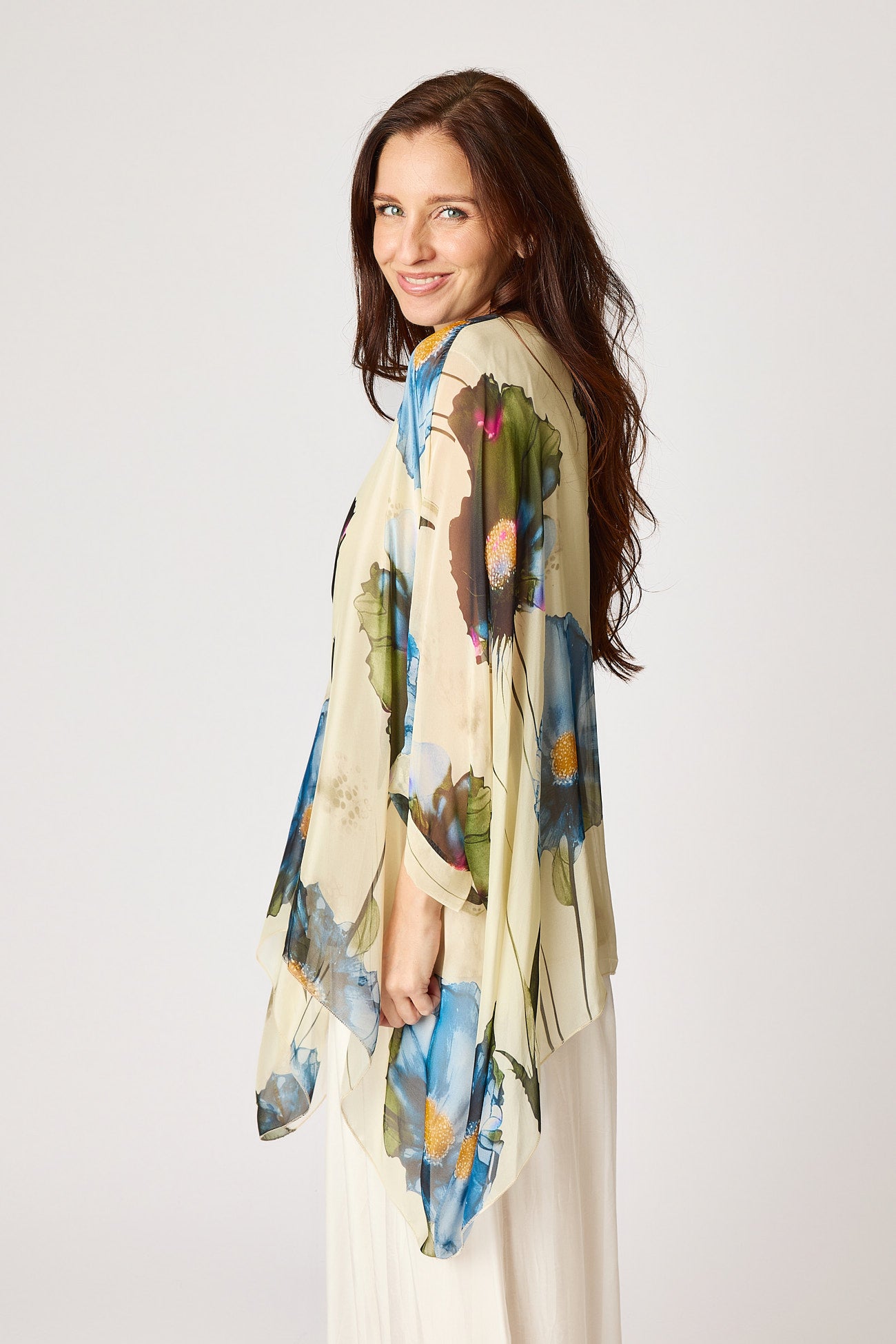Italian Silk Blue Floral Pattern Flowing Top