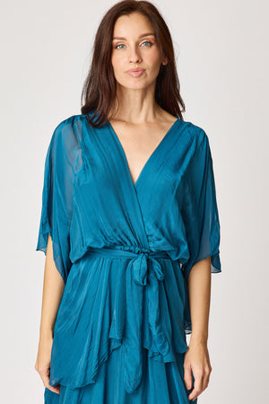 italian silk dresses Italian Silk Ruffled Dress Battleship Grey
