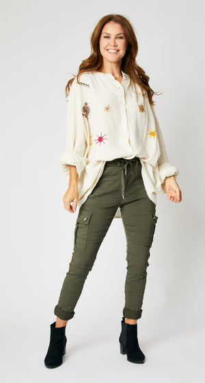 Gauze Boho Top with Embroidered Symbols