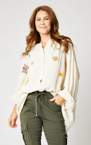 Gauze Boho Top with Embroidered Symbols