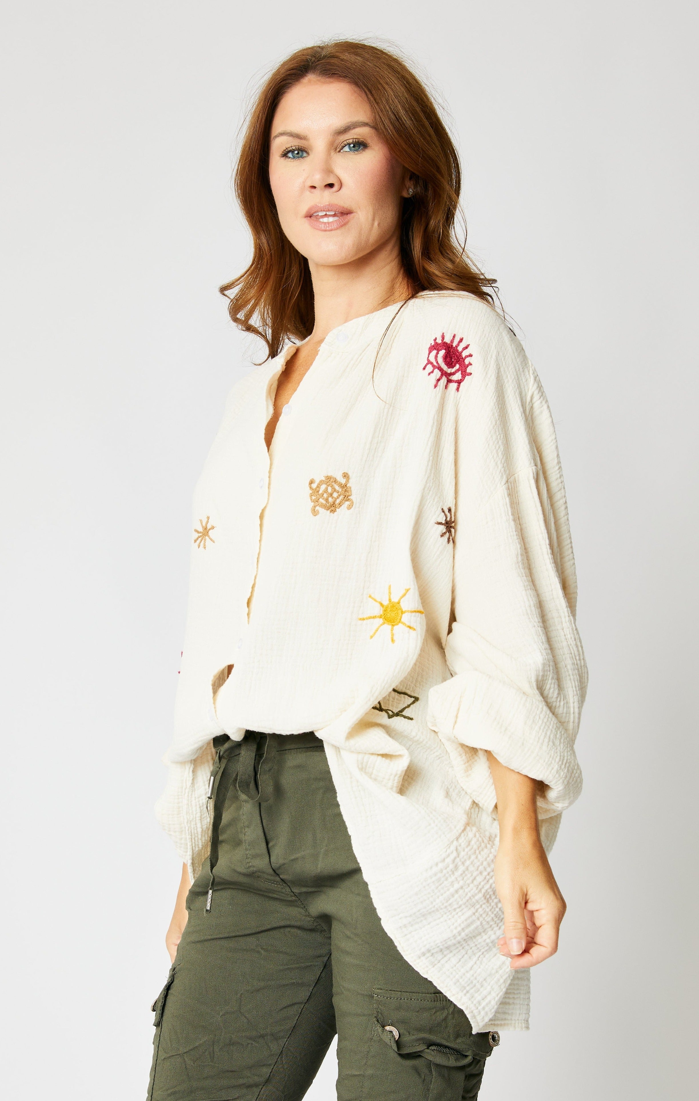 Gauze Boho Top with Embroidered Symbols