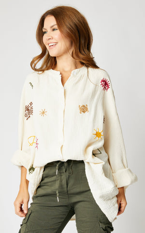 Gauze Boho Top with Embroidered Symbols