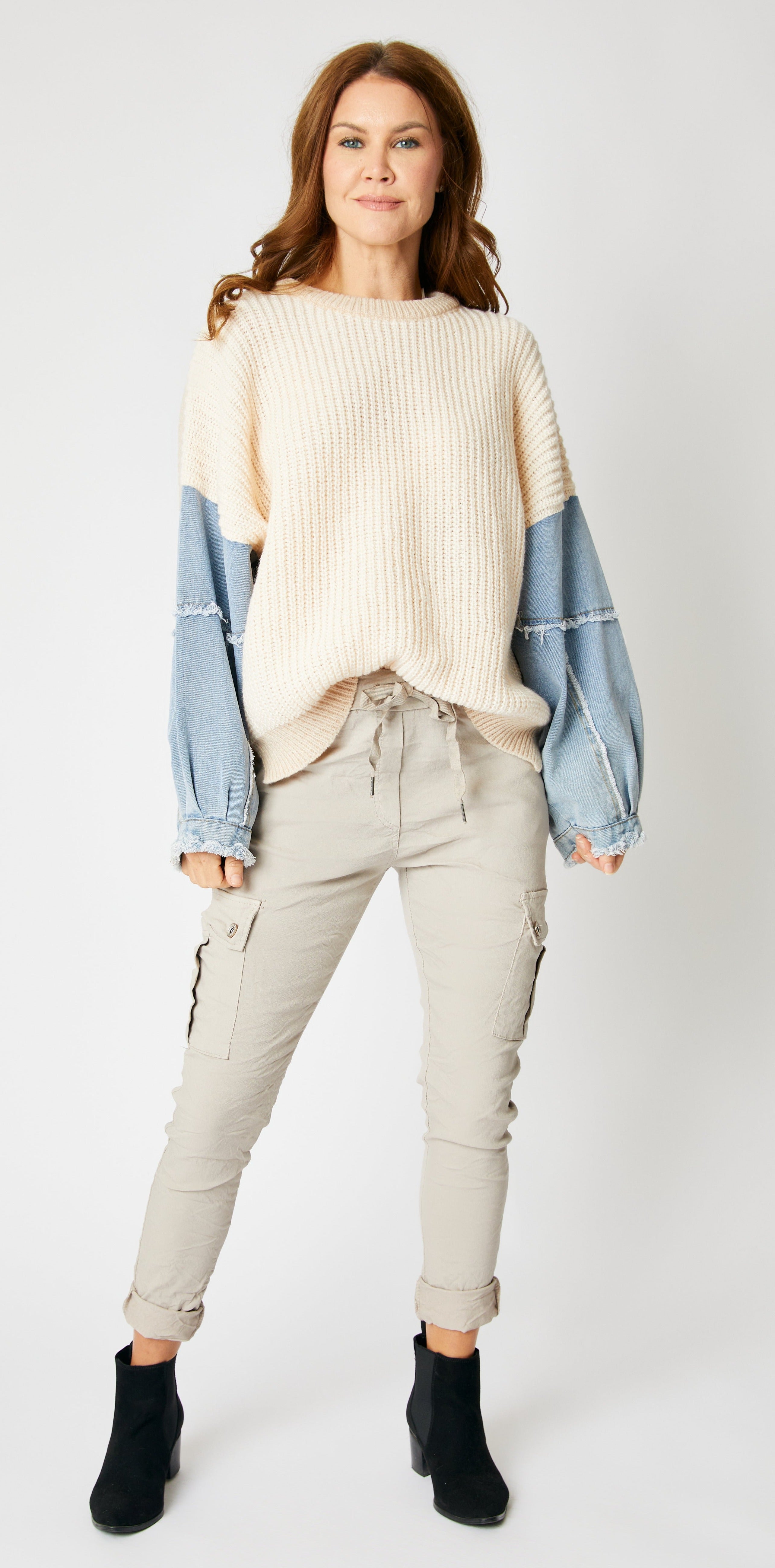 Knit Sweater with Denim Sleeves