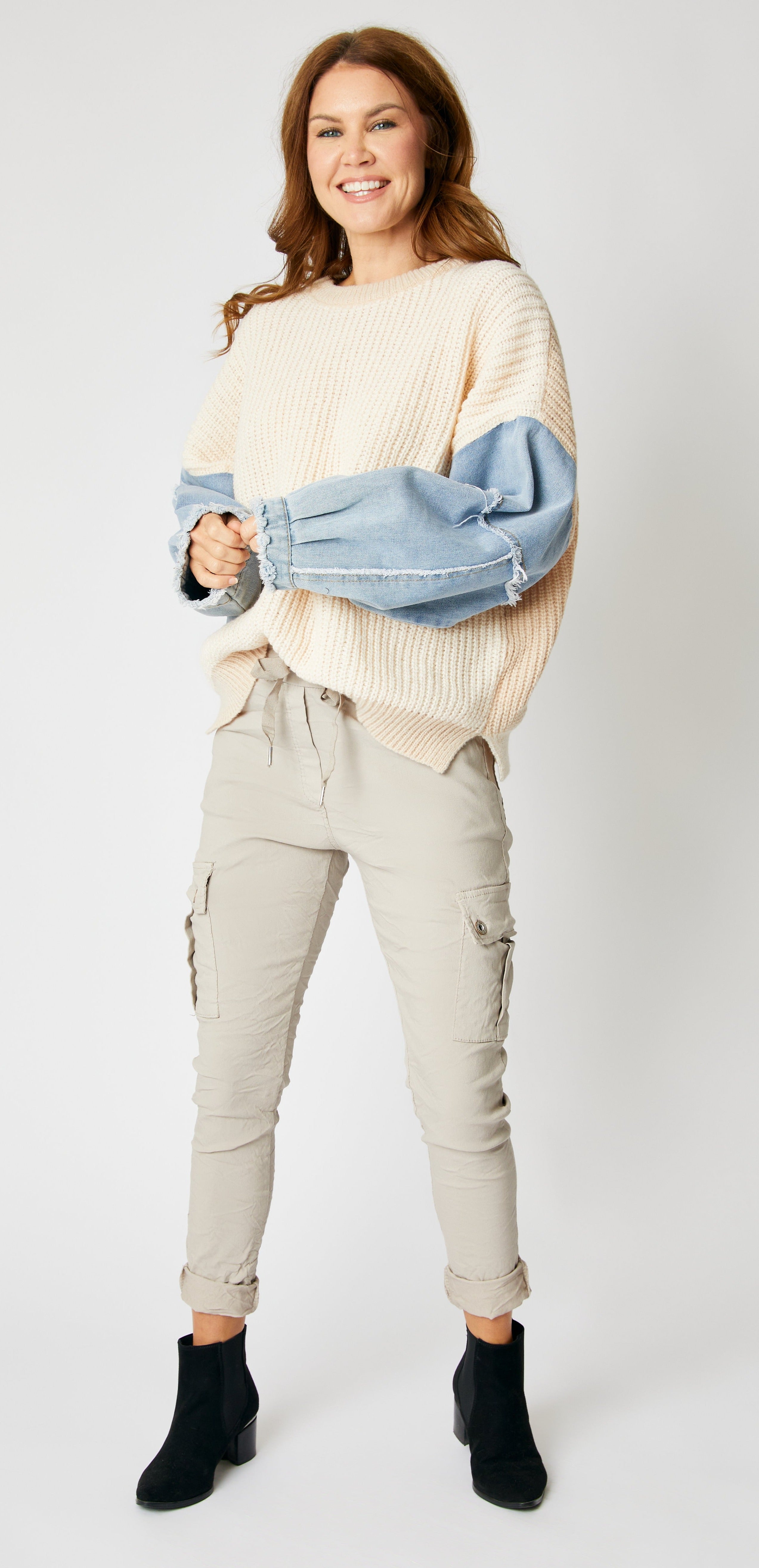 Knit Sweater with Denim Sleeves