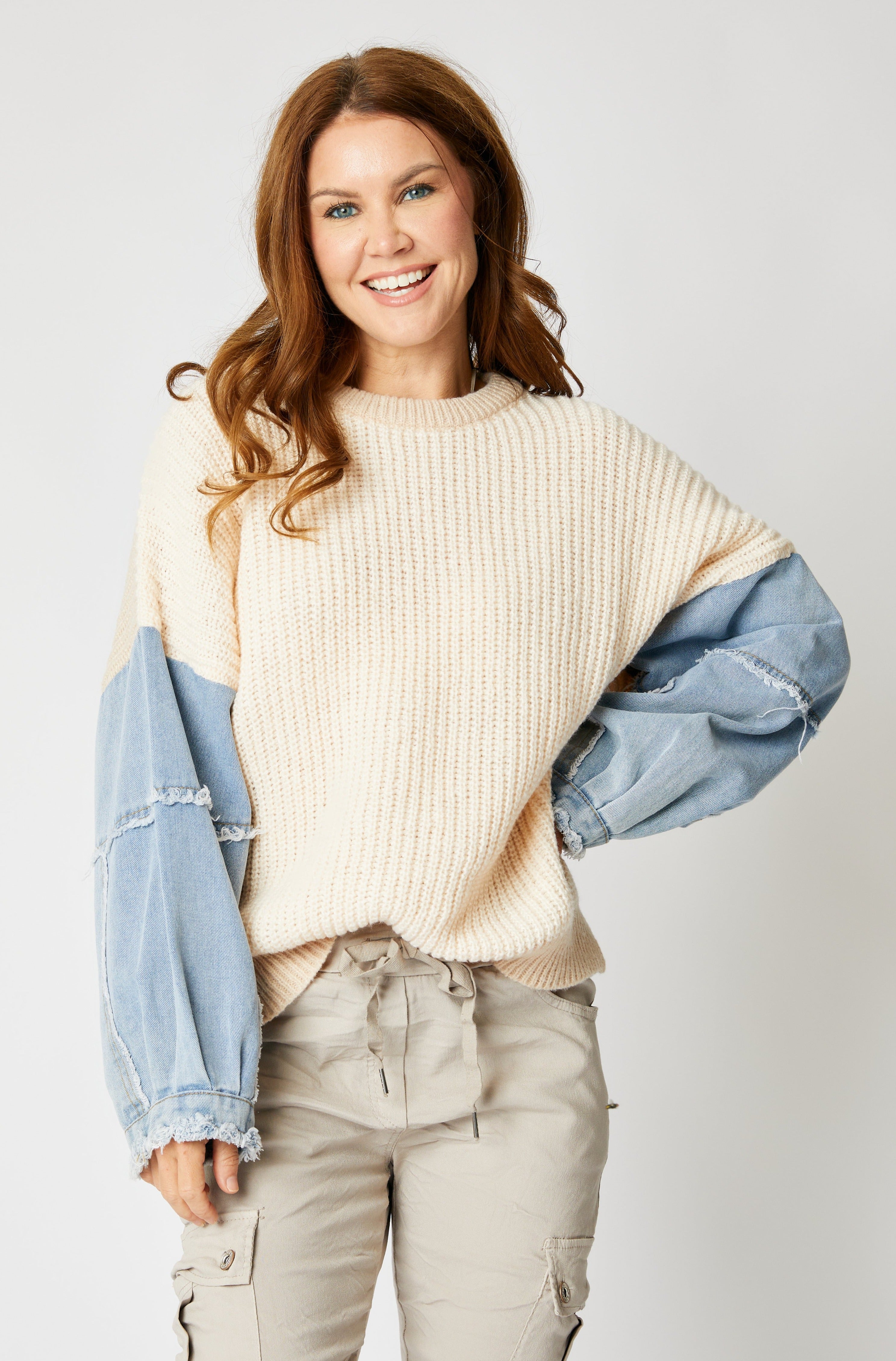 Knit Sweater with Denim Sleeves