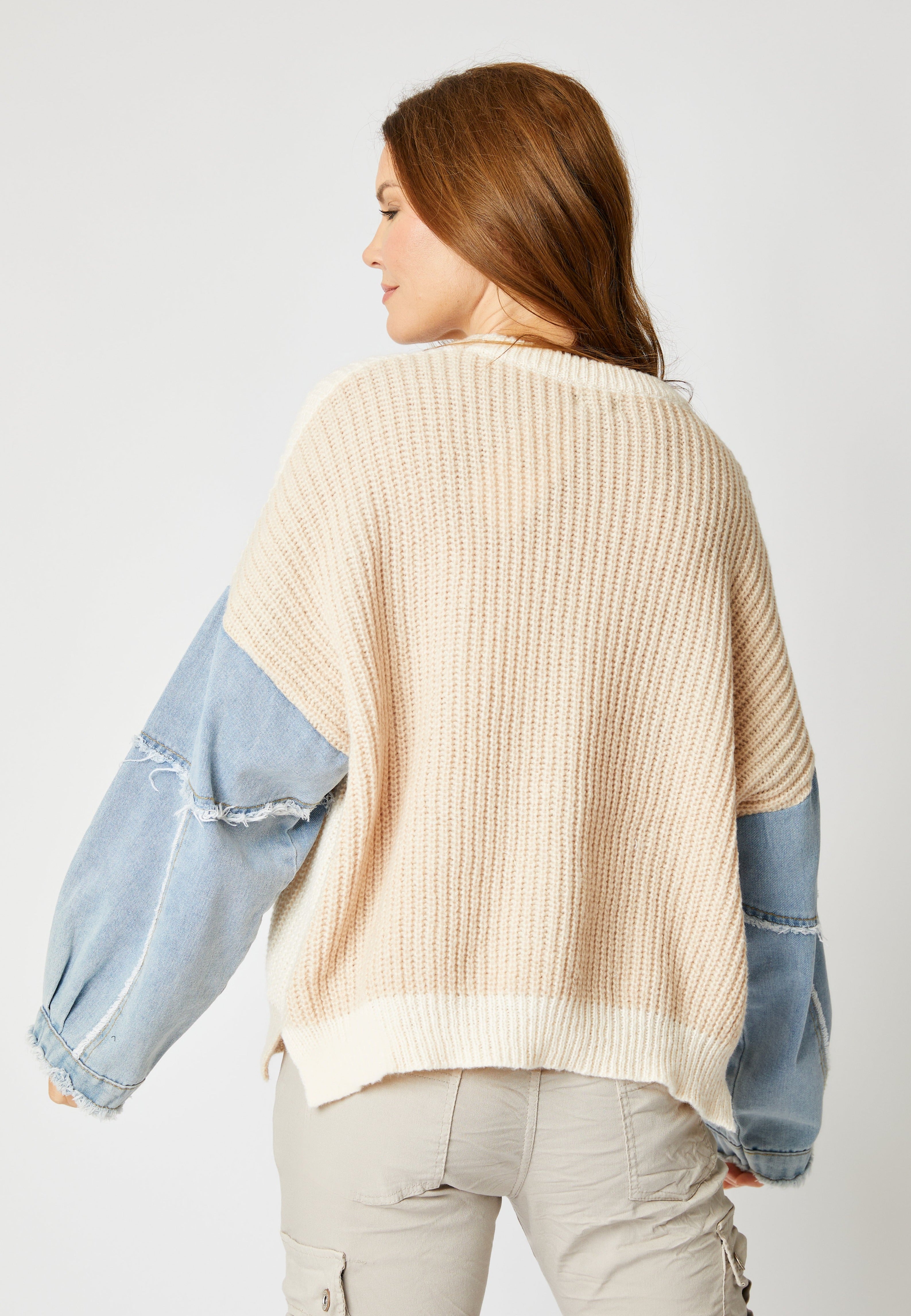 Knit Sweater with Denim Sleeves