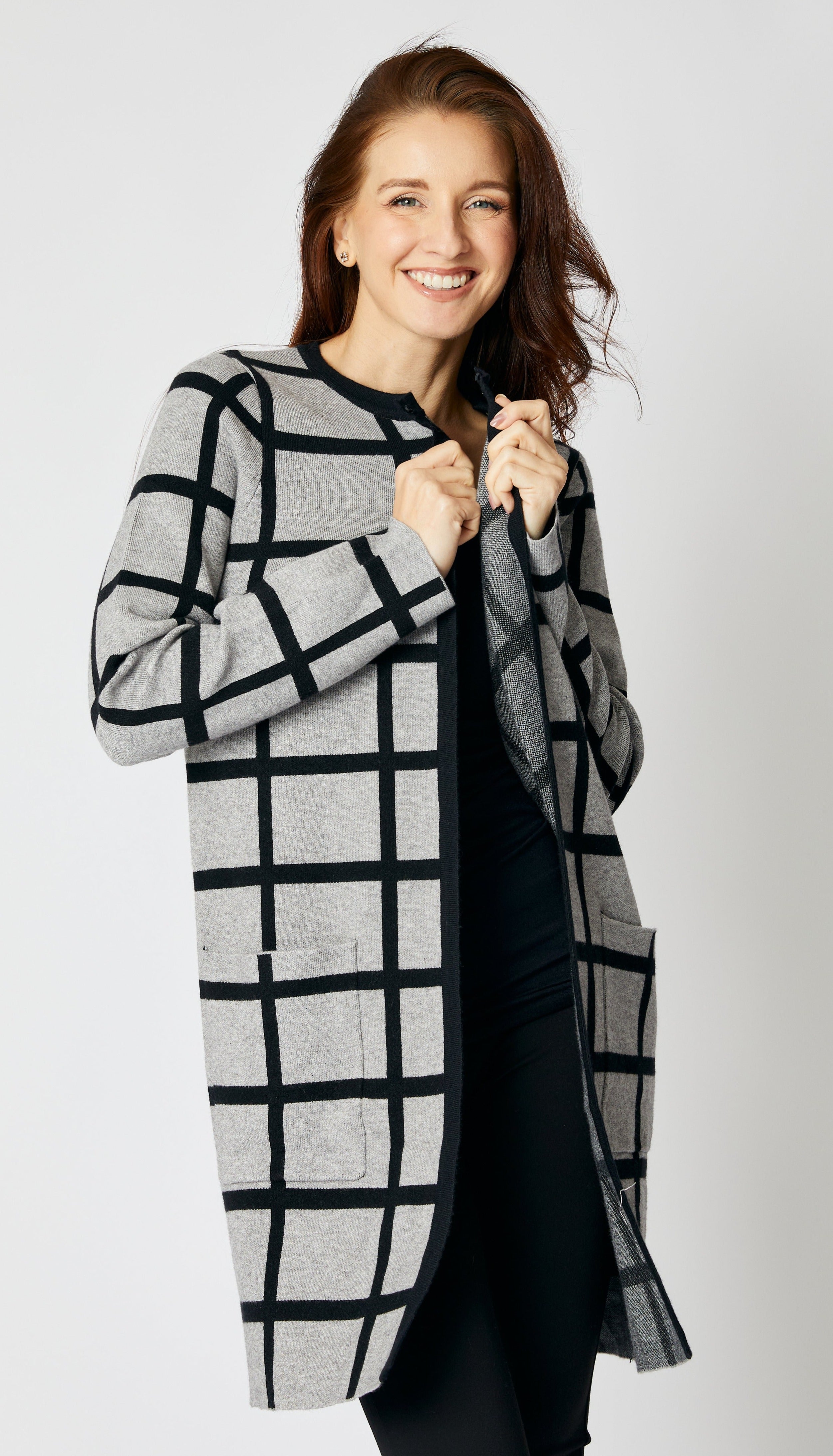 Geometric Gray/Black Sweater Coat - Jacqueline B Clothing