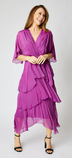Italian Silk Ruffled Dress Battleship Grey Italian Silk Ruffled Dress Battleship Grey