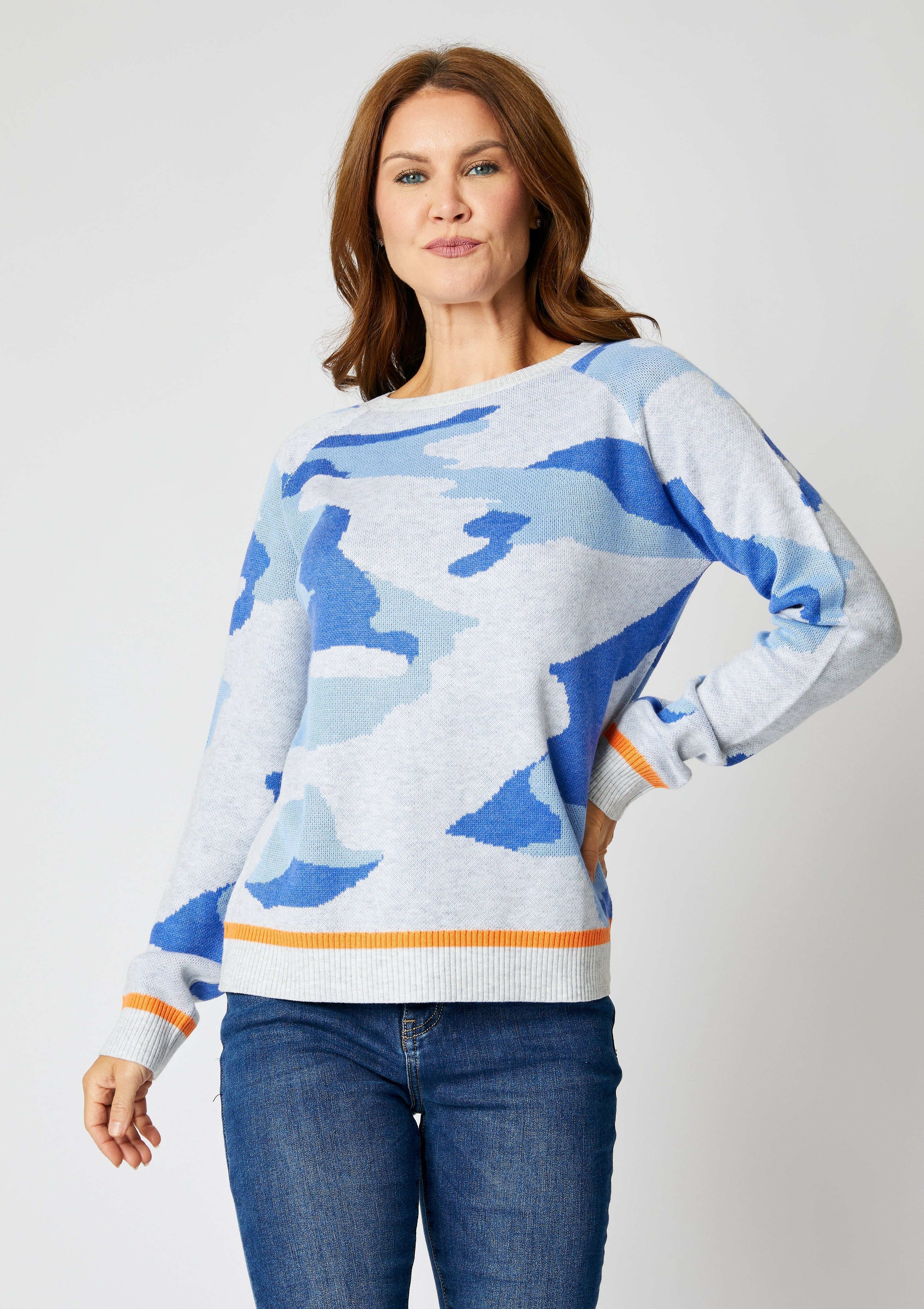 Blue Camo Sweater with an Orange Trim