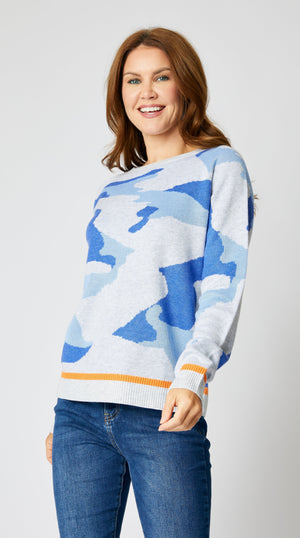 Blue Camo Sweater with an Orange Trim