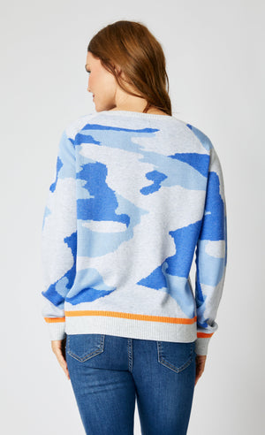 Blue Camo Sweater with an Orange Trim