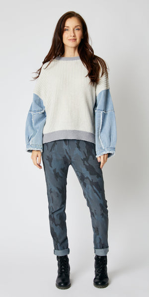 Knit Sweater with Denim Sleeves