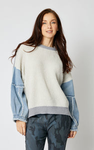 Knit Sweater with Denim Sleeves