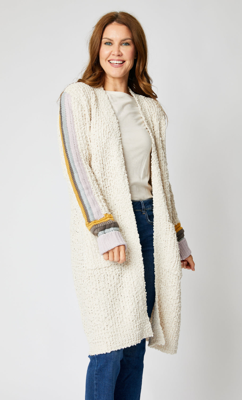 Popcorn Knit Cardigan w/ Strip