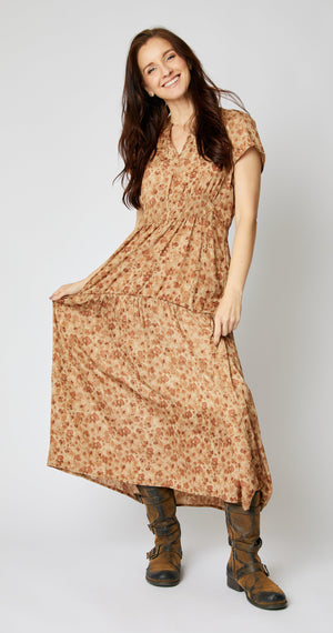 Ruched Short Sleeve Maxi Dress (Patterned)