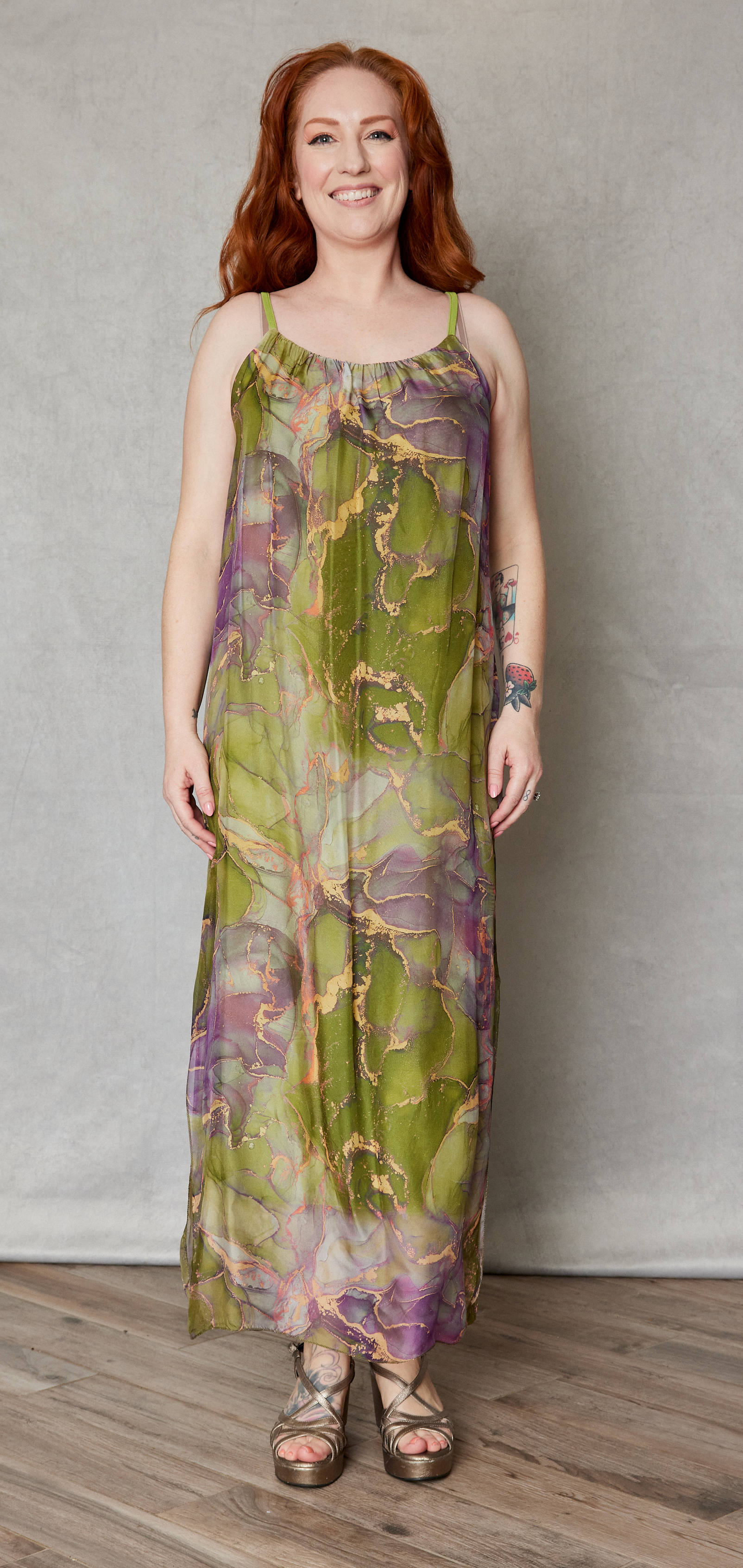 Italian Silk pattern Tank Dress O/S / OLIVE PURPLE MARBLE Italian Silk pattern Tank Dress O/S / OLIVE PURPLE MARBLE