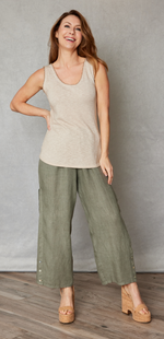 Linen Ankle-Length Button Trim Pant