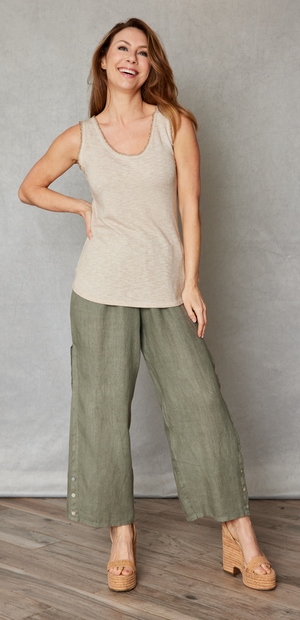 Linen Ankle-Length Button Trim Pant